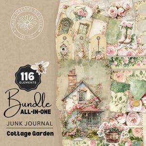 ALL-IN-ONE Bundle - Garden Cottage Junk Journal kit, folio pages, watercolor clipart, printable ephemera, paper craft, floral, DDRJJ001K