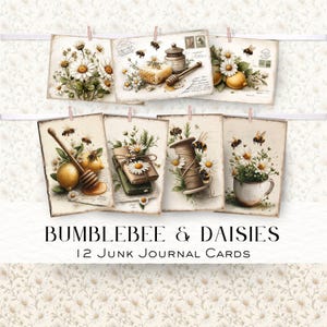 Bumblebees and Daisies Junk Journal Cards, Vintage Ephemera, Scrapbooking Kit, Digital Download, Honey Bee Crafts image 1