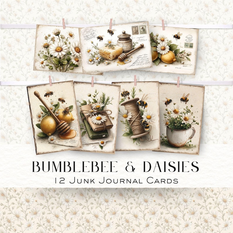 Bumblebees and Daisies Junk Journal Cards, Vintage Ephemera, Scrapbooking Kit, Digital Download, Honey Bee Crafts image 1