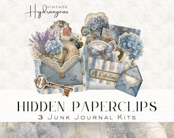 Blue and Cream Hydrangeas Hidden Paperclip Kit - Junk Journal Ephemera, Printable Tags, Pockets & Envelopes - Digital Download DDJJ035S