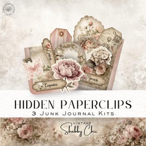 Shabby Chic verborgen paperclipkit - Efemere ongewenste tijdschriften, afdrukbare tags, zakken en enveloppen - pioenroos en roos Digitale download DDJJ035S