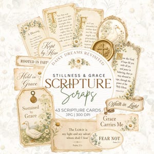 May include: A collection of vintage-style scripture cards with floral and botanical accents. The cards feature inspirational quotes and phrases, with the words "Stillness & Grace Scripture Scraps" prominently displayed. Includes 43 cards.