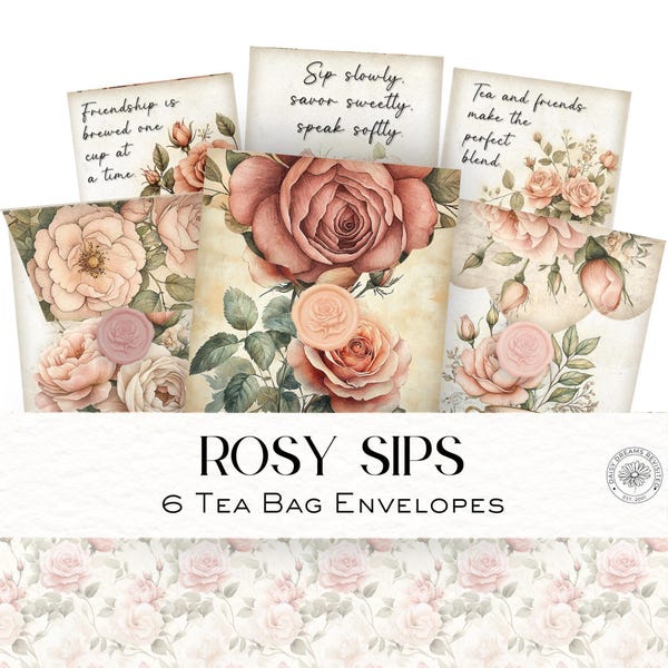 Rosy Sips ティーバッグ封筒、水彩画クリップアート、印刷可能なエフェメラ、ペーパークラフト、花の画像、DDJJ008Q