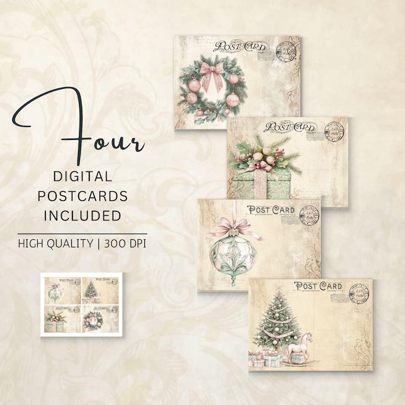 Snowberry Weihnachten 12er Pack Junk Journal Karten, Vintage Postkarten, Rosa Vintage Weihnachten, digitaler Download, DDRJJ004F Bild 2