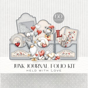 Kit de folio "Held with Love" / Gnomo de San Valentín / Gris rojo / Descarga digital imprimible