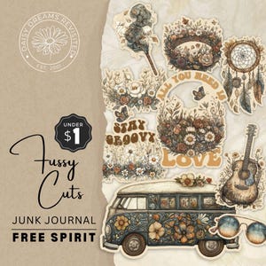 Vintage Boho Junk Journal Fussy Cuts - Téléchargement numérique - Pages de scrapbooking hippie - Fournitures créatives Groovy Boho DDJJ019F