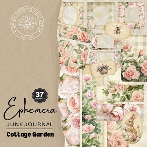 Garden Cottage Junk Journal Ephemera, 37 éléments, clipart aquarelle, éphémères imprimables, créations en papier, images florales, DDRJJ001I