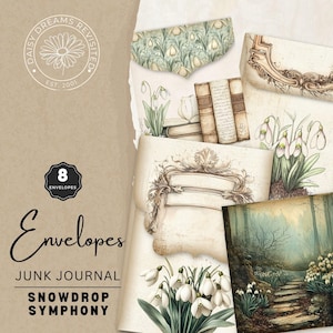 Vintage Snowdrop Symphony Junk Journal Envelopes, Printable Pages, Digital Download, DDJJ0022H