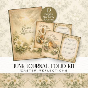 May include: A vintage-style junk journal folio kit with an Easter theme. The kit includes a journal cover with the text "Easter Reflections" and several pages with religious imagery and the text "Rejoice in Him" and "He Is Risen". The kit has 12 pages.