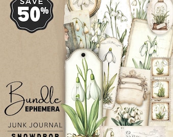 Vintage Snowdrop Symphony Junk Journal Ephemera Bundle, Printable Pages, Digital Download, DDJJ0022K