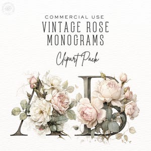 Monogramas de rosas vintage (PNG), clipart floral, descarga instantánea, scrapbooking, DDC021G