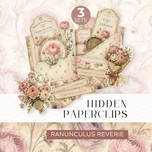 Pode incluir: Uma coleção de efêmeras de papel com tema floral. O conjunto inclui etiquetas, rótulos e recortes de papel com flores de ranúnculo em tons de rosa e creme. O texto "Hidden Paperclips" e "Ranunculus Reverie" é visível.