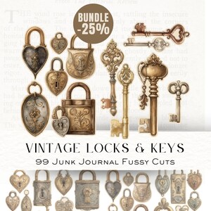 Vintage Locks & Keys Bundle – 99 Antique Fussy Cuts for Junk Journals, Steampunk Crafts