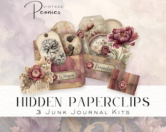 Peony Whispers Verstecktes Büroklammer-Set – Junk-Journal-Materialien, druckbare Etiketten, Taschen & Umschläge – Digitaler Download DDJJ040