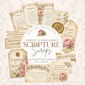 May include: A collection of vintage-style scripture cards with floral accents. The cards feature inspirational quotes and phrases like "Grace Upon Grace" and "Bloom in Faith." The design includes a central circular element with the text "Scripture Scraps."