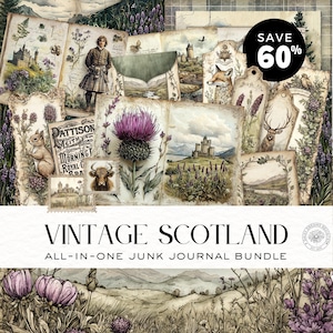Pacchetto ALL-IN-ONE Vintage Scotland Junk Journal, pagine di diario stampabili, download digitale, effimere vintage, DDJJ018D