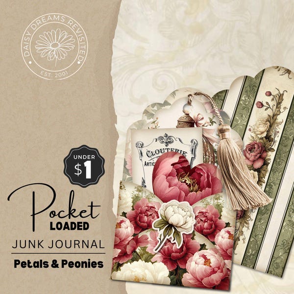 Petals & Peonies Junk Journal Loaded Pocket - Printable Floral Ephemera - Digital Download, DDJJ007AC