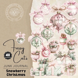 Paquete de 40 recortes navideños de Snowberry para el kit de Junk Journal, Navidad vintage rosa, descarga digital, DDRJJ004J