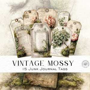 Etiquetas vintage de diario basura con musgo - Paquete de efímeras vintage - Materiales imprimibles para manualidades - Descarga digital, DDJJ035M