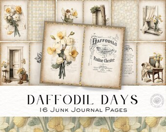 Daffodil Days Junk Journal Kit – Vintage Spring Floral Junk Journal Pages, Daffodil Printable Digital Download, Scrapbook Paper DDJJ035G1