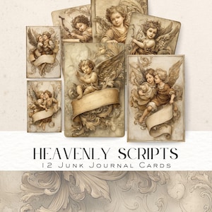 Heavenly Scripts / Tarjetas imprimibles de ángeles vintage / Efímeras de diario de querubines sepia / 12 insertos de diario basura con retratos