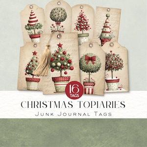 Etiquetas navideñas con motivos topiarios / 16 etiquetas imprimibles para diarios de recortes / Adornos navideños vintage para álbumes de recortes, etiquetas de regalo y manualidades navideñas