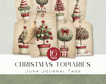 Etiquetas navideñas con motivos topiarios / 16 etiquetas imprimibles para diarios de recortes / Adornos navideños vintage para álbumes de recortes, etiquetas de regalo y manualidades navideñas