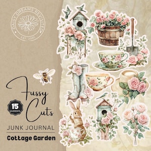Garden Cottage Junk Journal Fussy Cuts, 15 éléments, clipart aquarelle, éphémères imprimables, créations en papier, images florales, DDRJJ001J