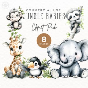 Clipart aquarelle de bébés animaux Safari dans la jungle, décoration de chambre d'enfant dans la jungle, zèbre, Lion, girafe, éléphant, Shower de bébé PNG DDC006A