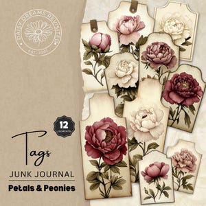 Blütenblätter & Pfingstrosen Junk Journal Tags - Druckbare florale Ephemera - Natur inspiriert - digitaler Download, DDJJ010H