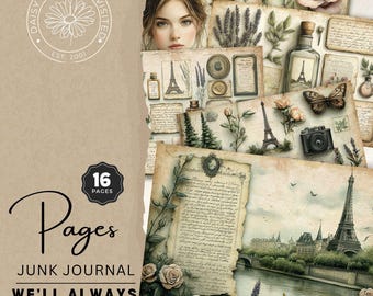 Paris Vintage Junk Journal Kit, Printable Folio pages, Digital Download, Scrapbooking Supplies DDJJ026A