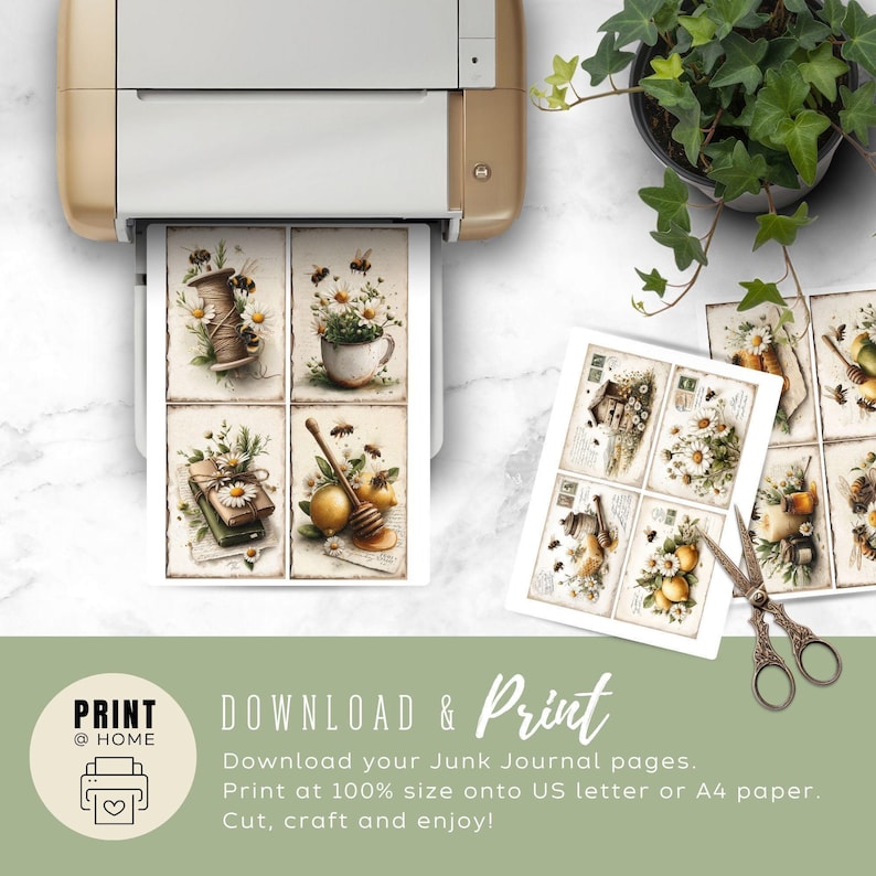 Bumblebees and Daisies Junk Journal Cards, Vintage Ephemera, Scrapbooking Kit, Digital Download, Honey Bee Crafts image 5