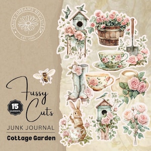 Garden Cottage Junk Journal Fussy Cuts, 15 elementen, aquarel clipart, afdrukbare ephemera, papierkunst, bloemenafbeeldingen, DDRJJ001J