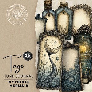 Mythische Meerjungfrau Junk Journal Tags, digitaler Download, druckbare Unterwasser Junk Journal Seiten, DDJJ028H
