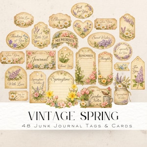 Puede incluir: Una colección de 48 etiquetas y tarjetas de diario basura de estilo vintage. Las etiquetas y tarjetas presentan diseños florales, incluyendo margaritas, lilas y rosas, con frases como "With Love" y "Memories". Las palabras "Vintage Spring" también son visibles.