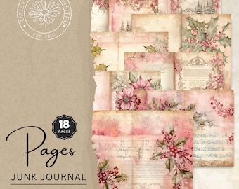 Pink Holly Noel 18 Pack Junk Journal Folio Paper set, Vintage Christmas, Digital Download, DDRJJ004