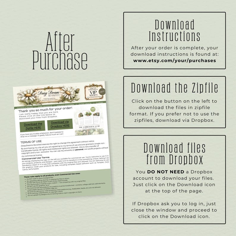 instructions for purchasing items from a vendor, including download options for the items.