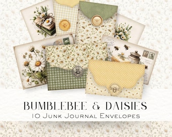 Bumblebees and Daisies Junk Journal Envelopes, Vintage Ephemera, Scrapbooking Digital Download, Honey Bee Craft Kit
