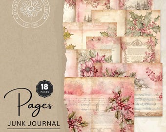 May include: A collection of 18 digital junk journal pages featuring a Holly Noel theme. The pages display vintage-style illustrations of holly berries, poinsettias, pine trees, and musical notation in soft pink, cream, and muted green tones.