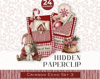 Crimson Echo Set 3 Hidden Paperclips, Red Christmas Embellishments, Holiday Scrapbook Accents, December Journaling Supplies