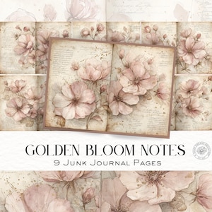 Notes de floraison dorée et de fard à joues - pages de journal indésirable floral vintage, téléchargement numérique imprimable Cottagecore, album DDJJ037B