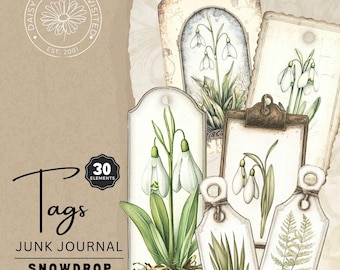 Vintage Snowdrop Symphony Junk Journal Tags, Printable Pages, Digital Download, DDJJ0022F