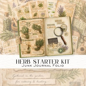 May include: A vintage-style herb starter kit with an open journal featuring botanical illustrations of herbs like sage and rosemary. The kit includes a magnifying glass, apothecary labels, and the text "Herb Starter Kit" and "Junk Journal Folio".