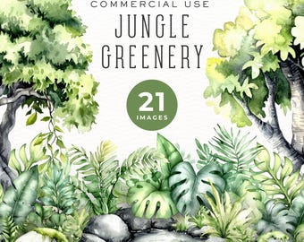Watercolor Jungle Greenery Clipart, Exotic Greenery Leaves PNG, Perfect for Digital Scrapbooking and Invitations