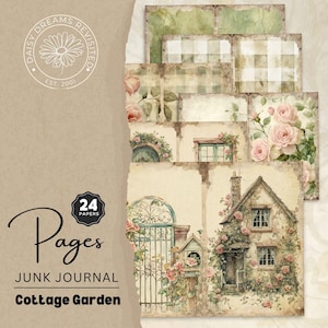 Kit de 24 pages folio Garden Cottage Junk Journal, pack de 24, clipart aquarelle, éphémères imprimables, créations en papier, images florales, DDRJJ001E