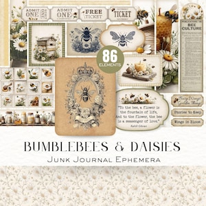 Bumblebees and Daisies Digital Ephemera, Vintage Junk Journal Kit, Scrapbook Printable, Bee and Flower Art Elements