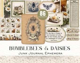 Bumblebees and Daisies Digital Ephemera, Vintage Junk Journal Kit, Scrapbook Printable, Bee and Flower Art Elements