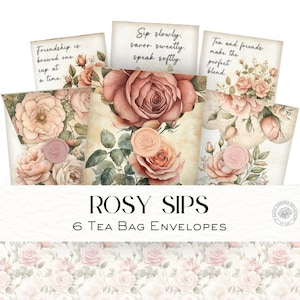 Rosy Sips ティーバッグ封筒、水彩画クリップアート、印刷可能なエフェメラ、ペーパークラフト、花の画像、DDJJ008Q