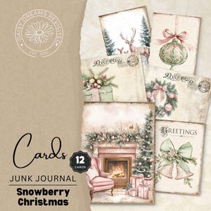 Snowberry Weihnachten 12er Pack Junk Journal Karten, Vintage Postkarten, Rosa Vintage Weihnachten, digitaler Download, DDRJJ004F