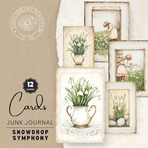 Vintage Snowdrop Symphony Junk Journal Cards, Printable Pages, Digital Download, DDJJ0022E